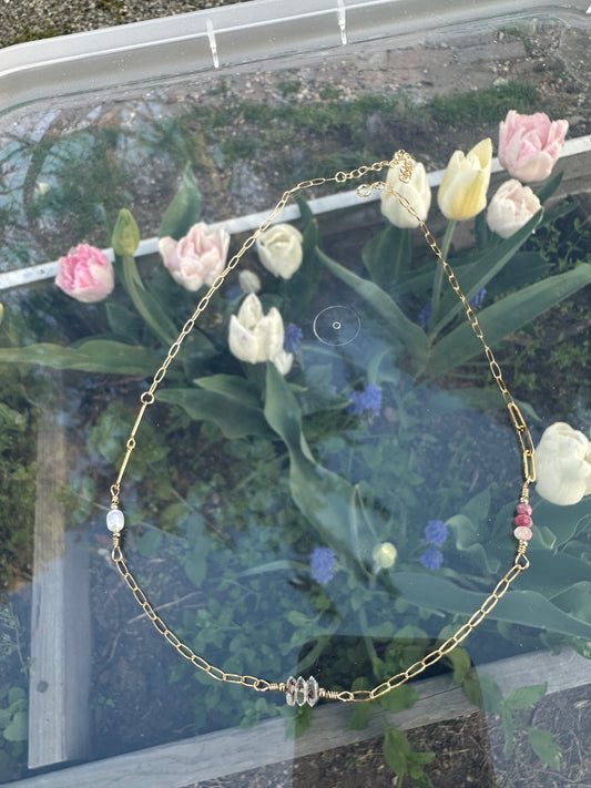 freshwater pearl + herkimer diamond + pink tourmaline necklace