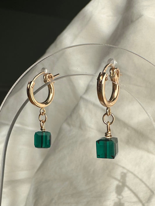 Emerald Cube Huggie Earrings