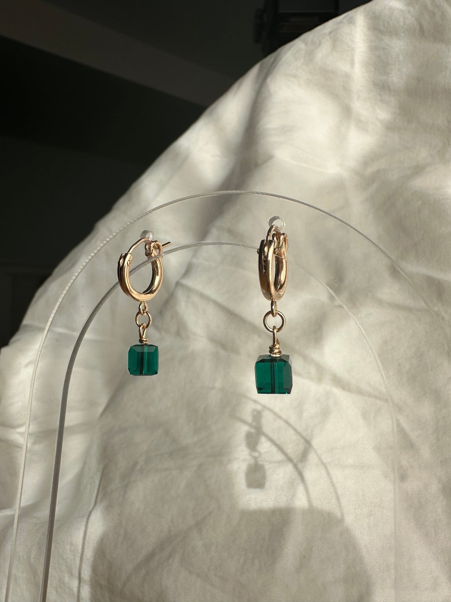 Emerald Cube Huggie Earrings